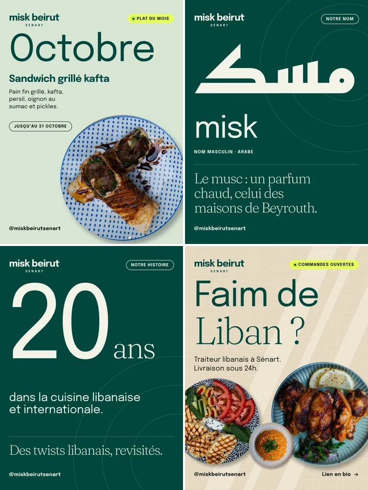 Grille Instagram conçue pour Misk Beirut : plat du mois, nom de la maison, 20 ans de cuisine libanaise, commandes ouvertes